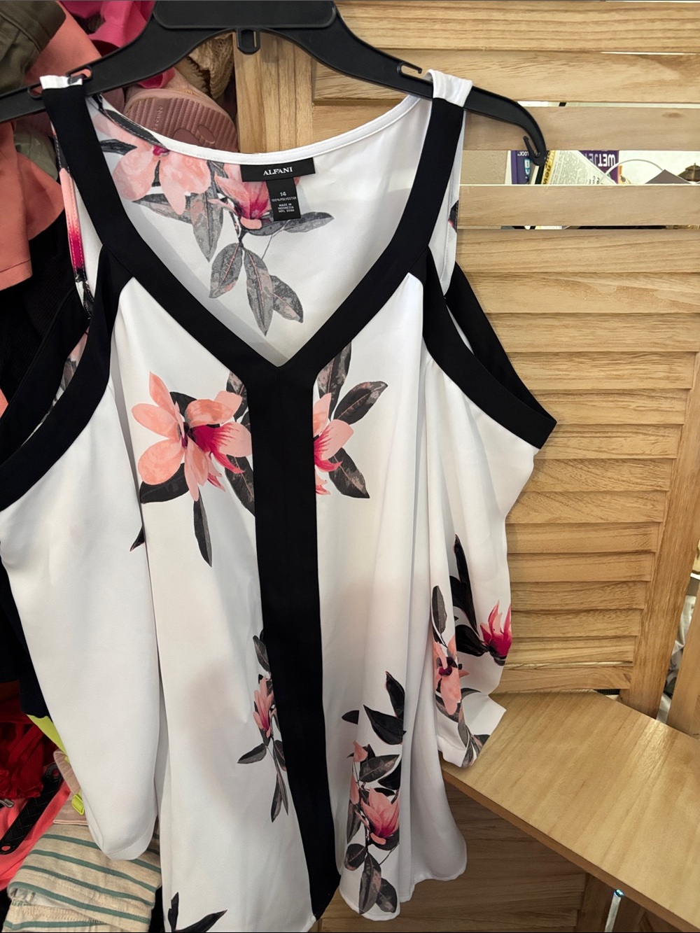 Alfani White Floral Cold-Shoulder Blouse with Black Trim 14